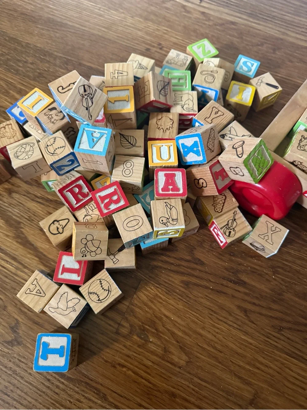Wooden Alphabet & Number Pull Toy with Red, Blue, Green, Yellow Blocks